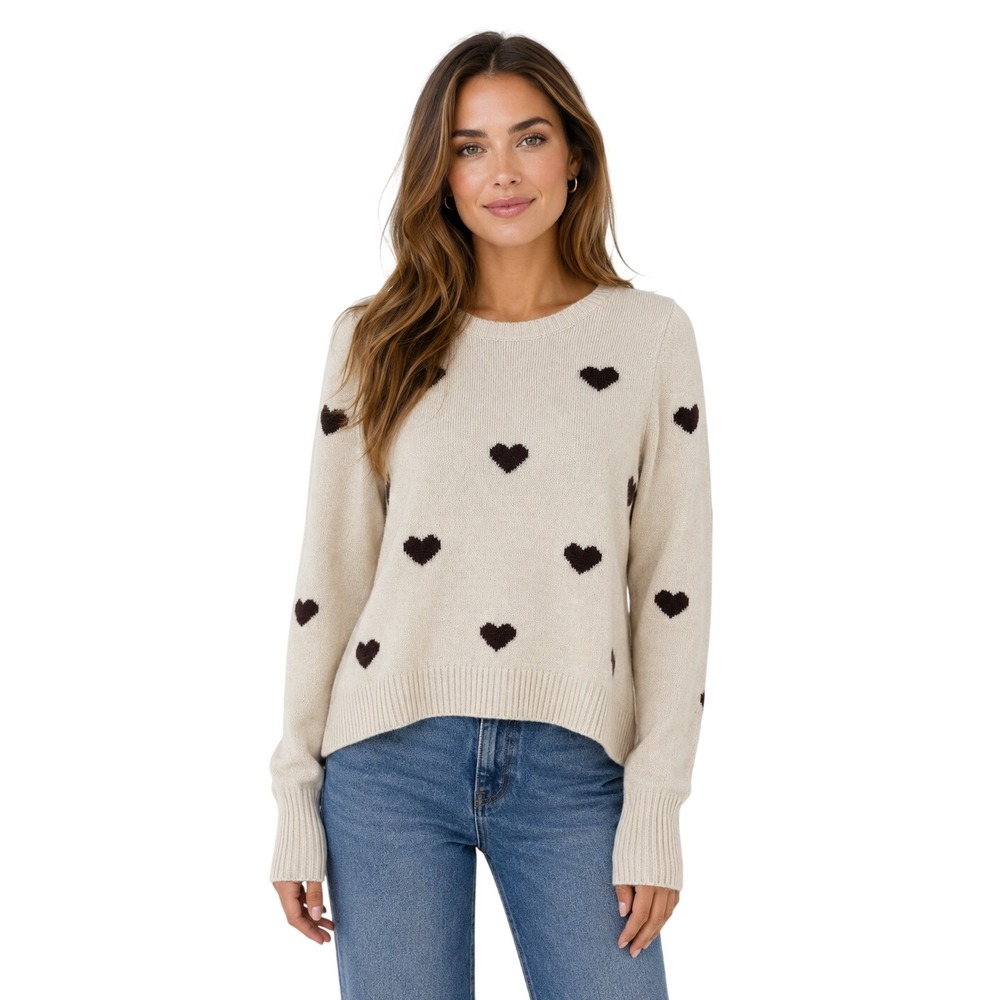 Splendid Cream Heart Print Sweater Brown Intarsia Crewneck Women's | Size M